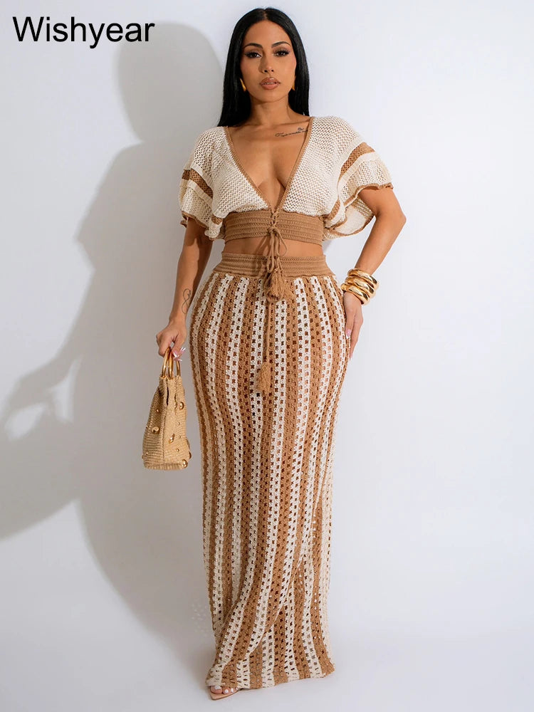 Women's Black Stripe Crochet Crop Top and Long Skirt Set