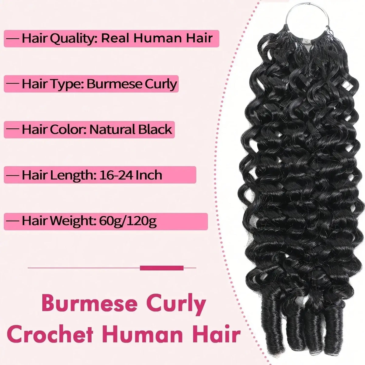 Burmese Curly Human Hair Extensions Boho Braided Pre-Looped Feather Crochet Hair with Miracle Knots Spiral Curly Hair for Braids