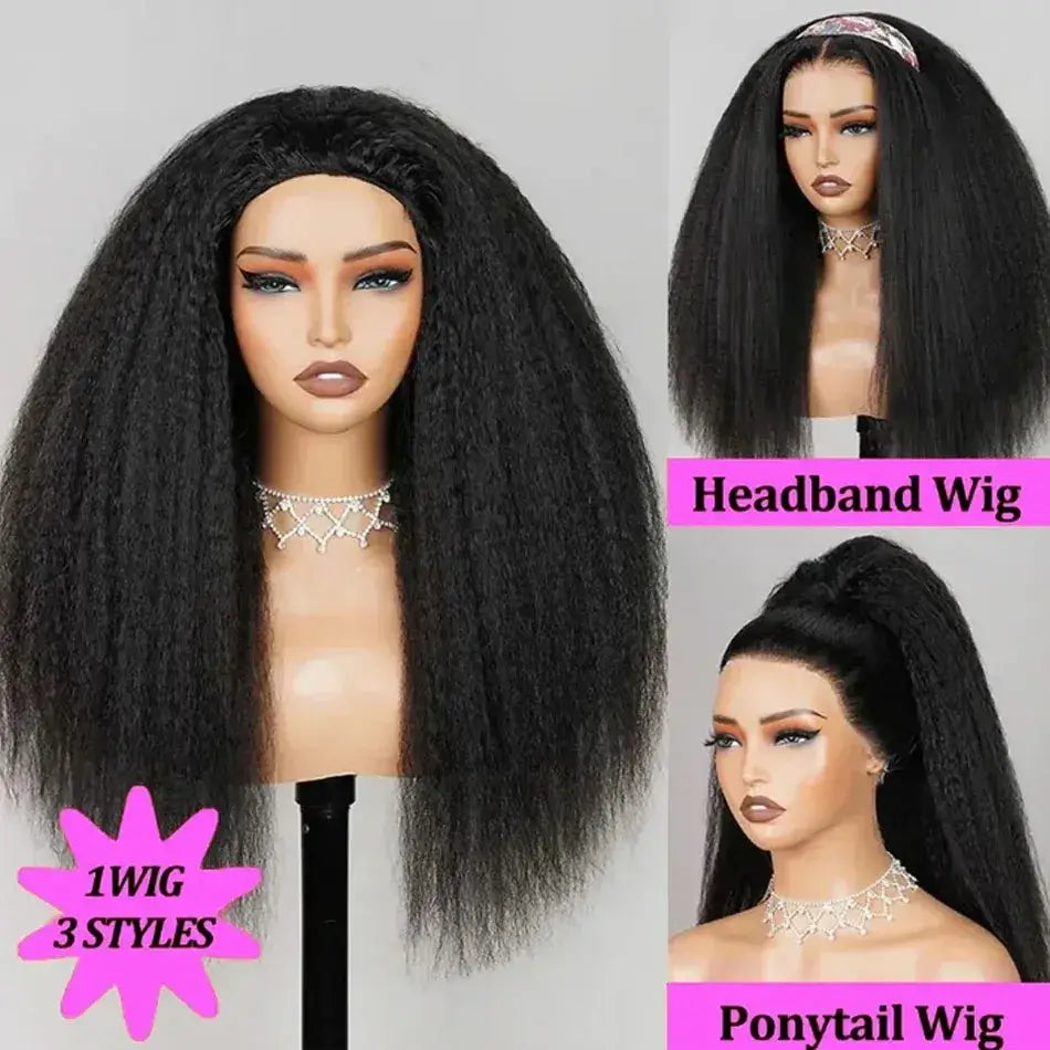 250 Density Kinky Straight Half Wigs Human Hair Flip Over Gluless 3 In 1 Half Wig With Drawstring 40 Inch Wear And Go For Women.