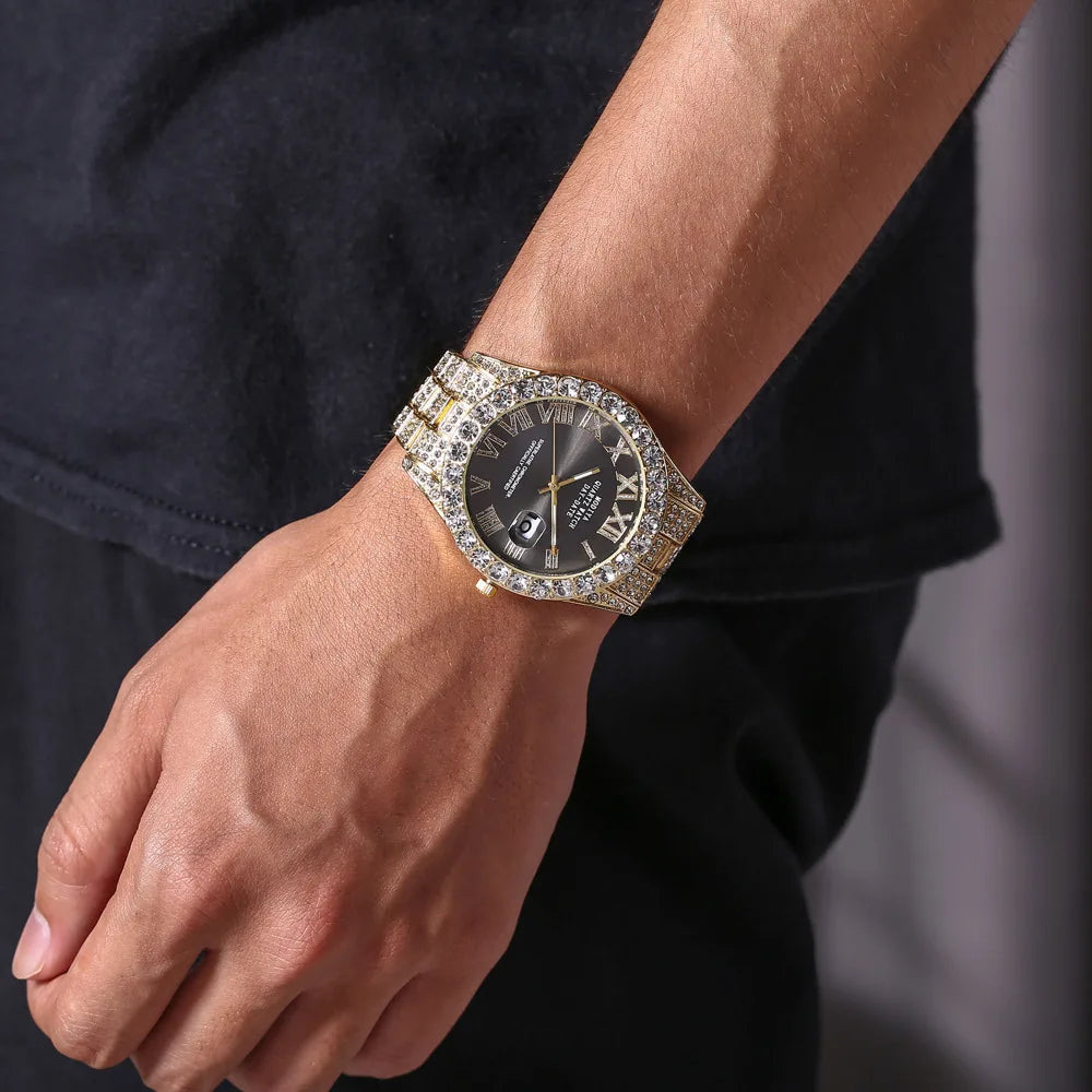 Men's Gold Steel Strap Roman Rhinestone Calendar Quartz Watch