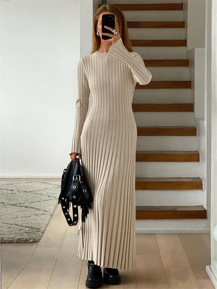 Women's Lace-Up Knit Maxi Dress 2026, High-Waist Long Sleeve Bandage
