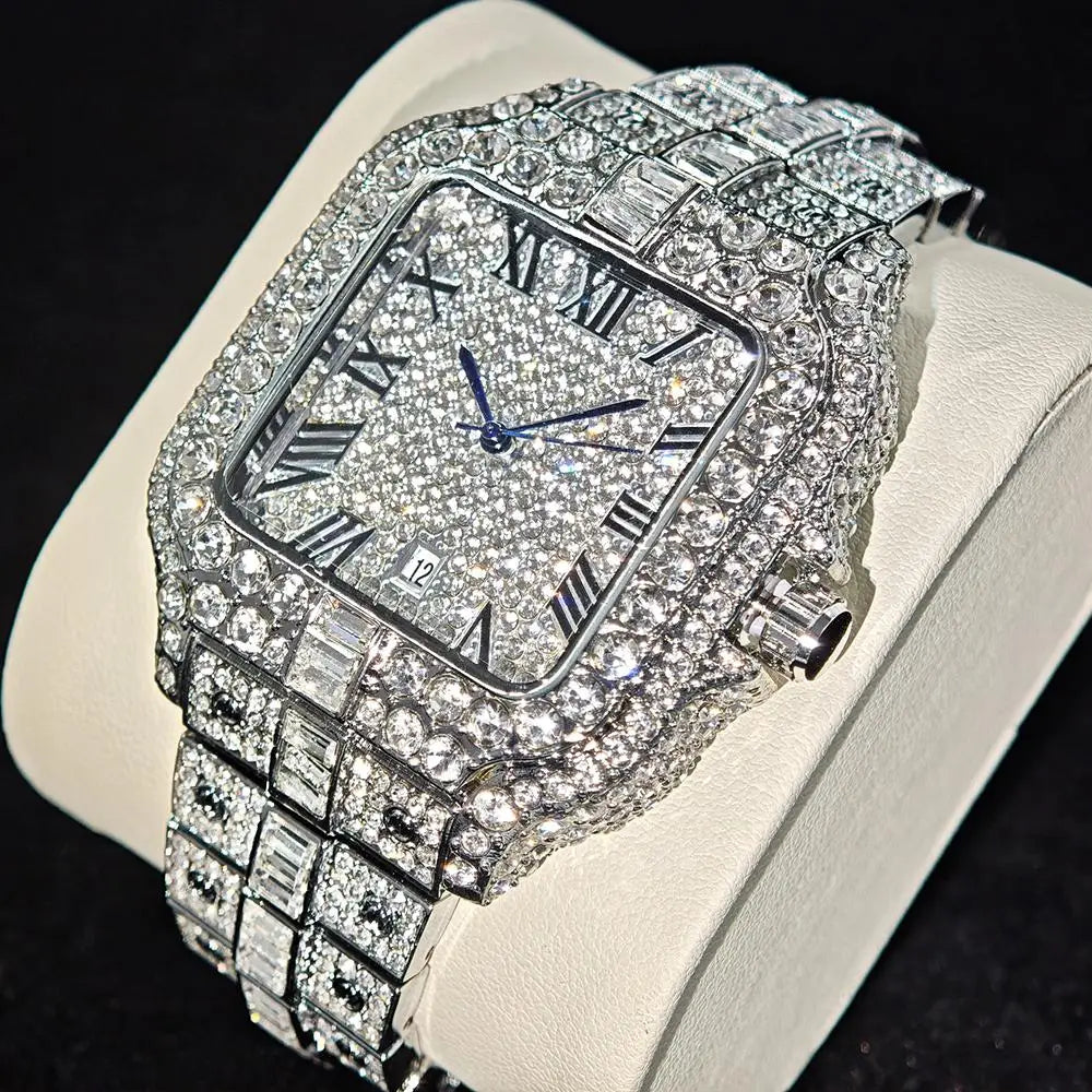 Men's square diamond waterproof quartz hip-hop iced-out wristwatch silver product photo