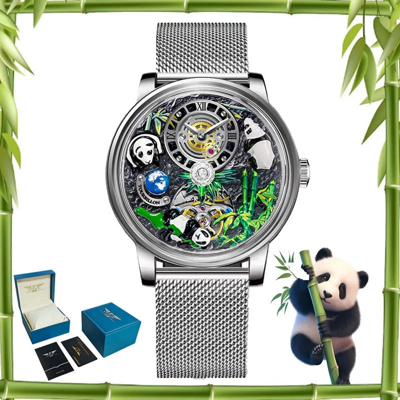 PINDU Dreidimensionale Panda-Zifferblatt-Uhren für Herren High-End Luxus Transparenter Hohlraum Vollautomatische mechanische Armbanduhr