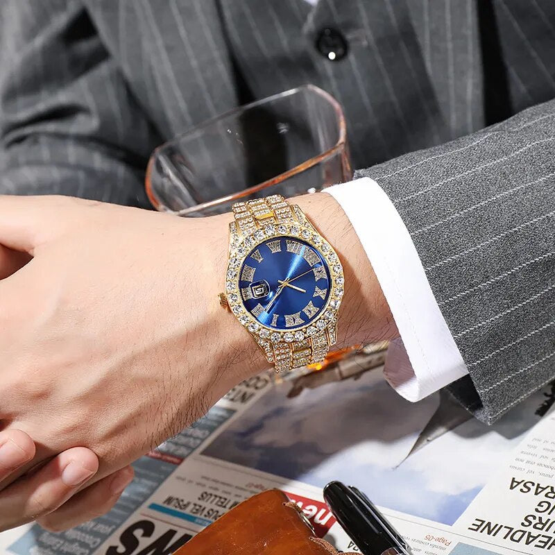 Men's Hip Hop Iced Out Diamond Calendar Quartz Watch
