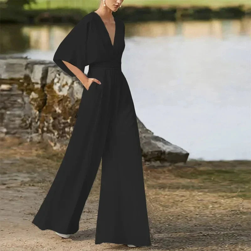 Women's V-Neck Mid-Waist Wide-Leg Jumpsuit Overalls