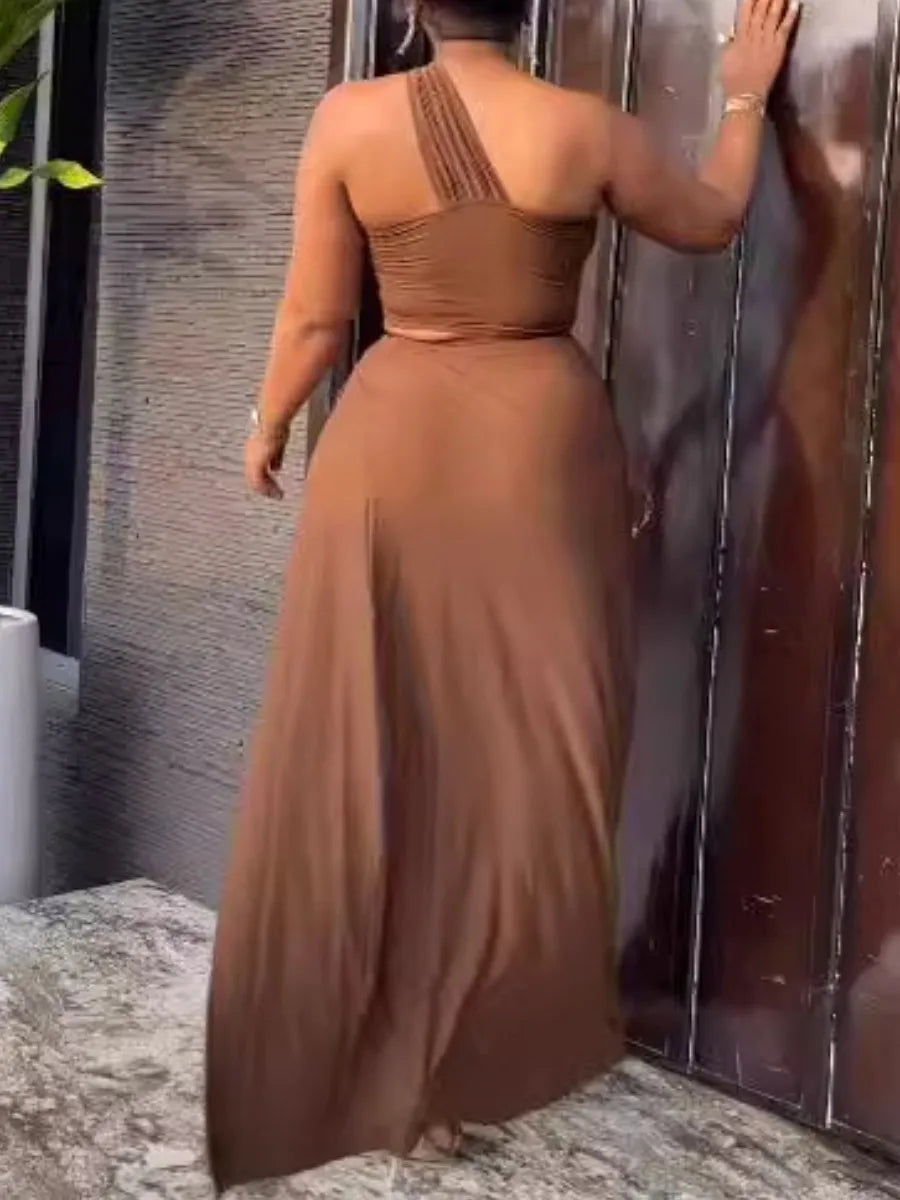 Women's Plus Size One-Shoulder High-Split Maxi Skirt Set