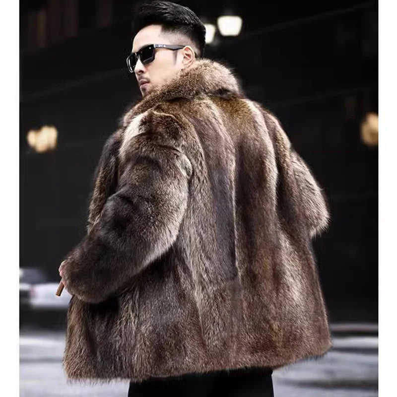 Men's Autumn Winter Thick Faux Fox Fur Parka Coat