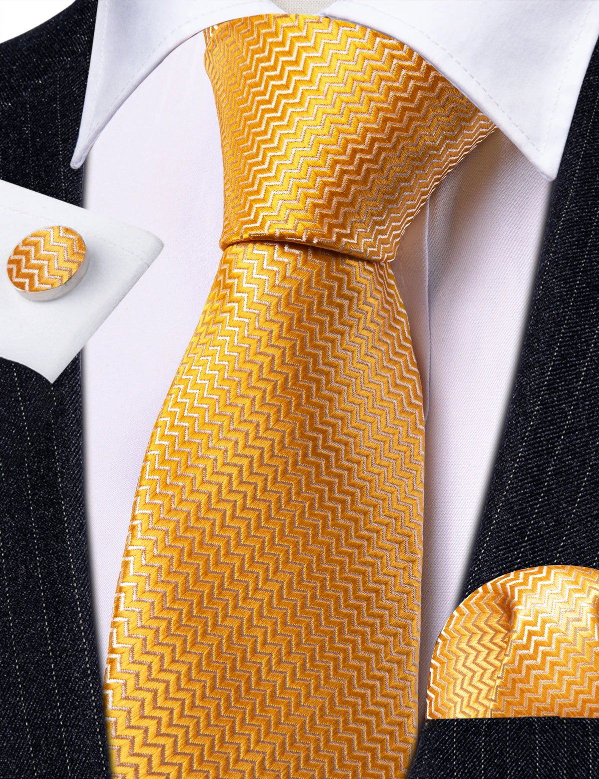 Men's Gold Silk Stripe Necktie Handkerchief Cufflinks Set
