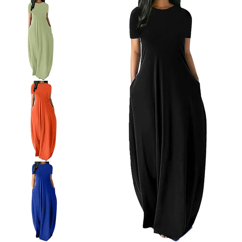 Women's Loose Crew-Neck Pocket Maxi Dress, Short Sleeve 5XL
