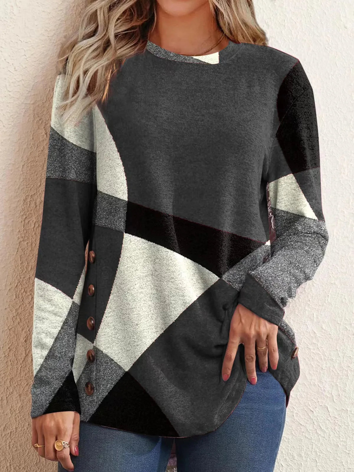 Women's Color Block Long Sleeve Button Geometric Tunic Top