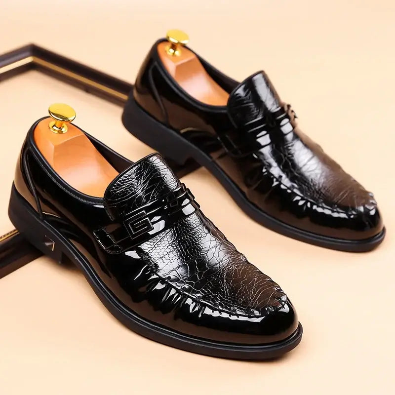 Men's Brown Crocodile Patent Leather Slip-On Loafer Oxfords