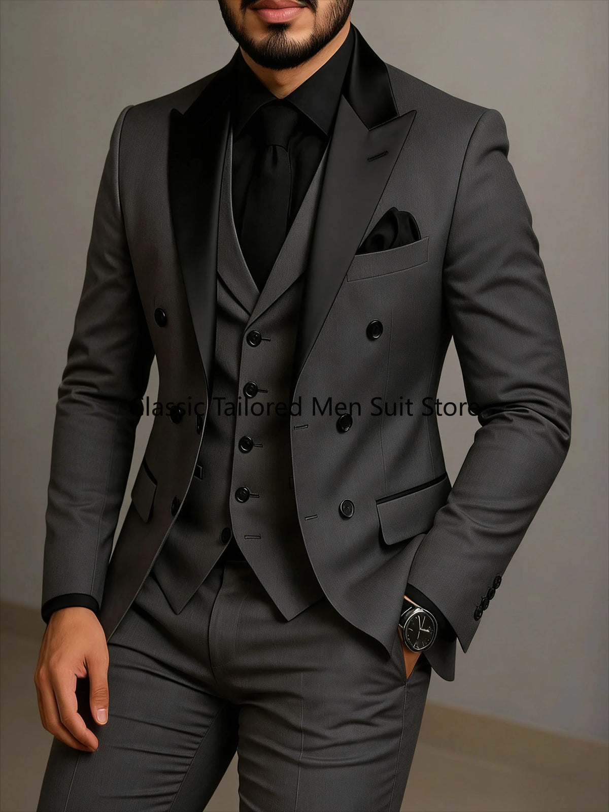 Beige Double Breasted Suit Black Lapel Slim Fit Wedding Suit