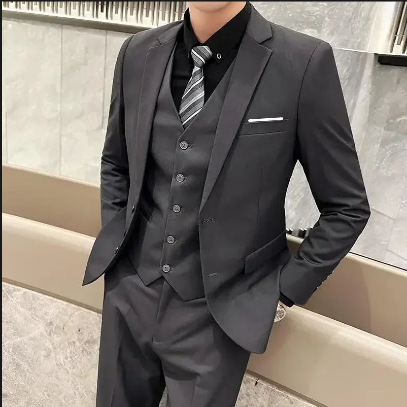 Men's British Solid Three-Piece Gentleman Suit, Business and Wedding