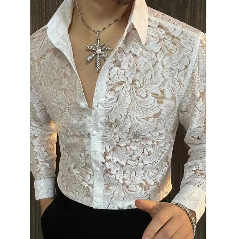 Men's Slim Fit Semi-Sheer Long Sleeve Nightclub Party Shirt