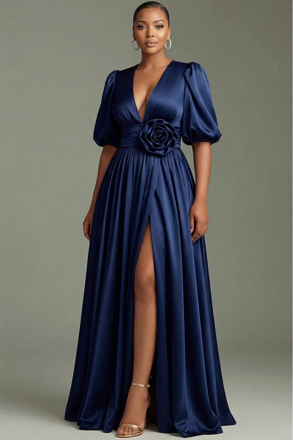 Elegantes Damen-Abendkleid aus marineblauem Satin mit Puffärmeln, tiefem V-Ausschnitt, hohem Schlitz, Maxikleid, Übergröße, Hochzeitsgast, Partykleid