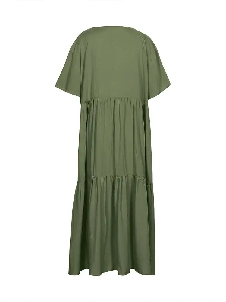 Women's Plus Size Loose V-Neck Pleated Long Dress