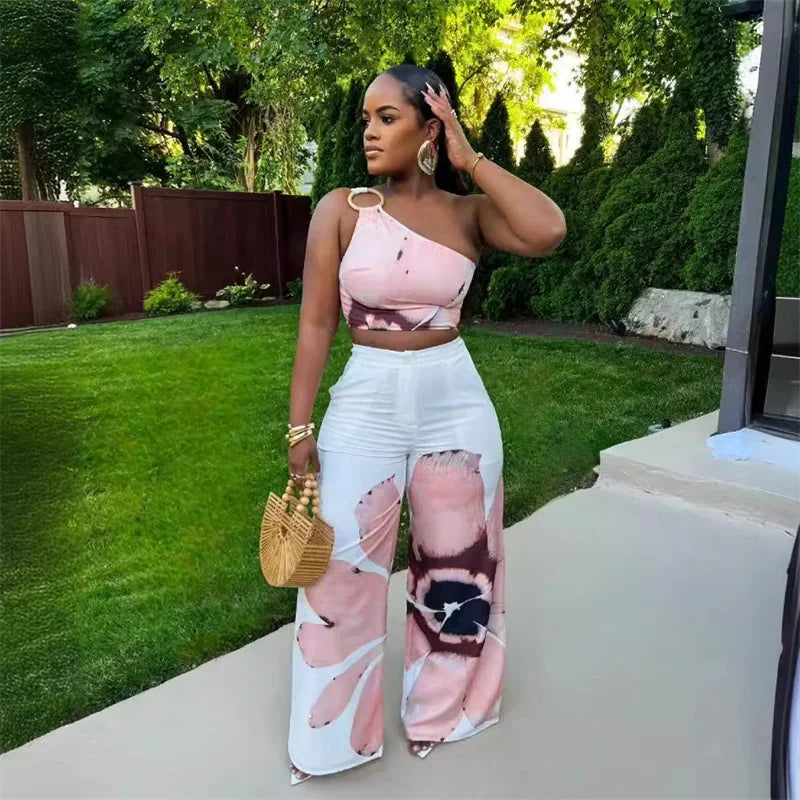 Women's One Shoulder Crop Top and Wide Leg Pants Set