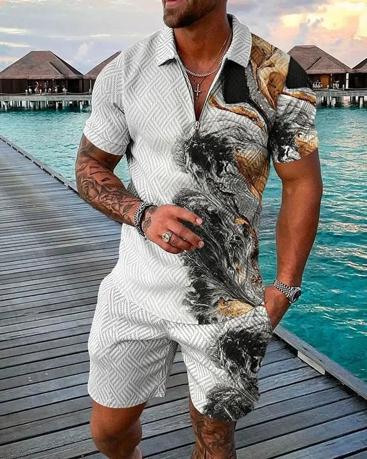 Men's Zip-Collar 3D-Print Polo Shirt and Pants Two-Piece Tracksuit