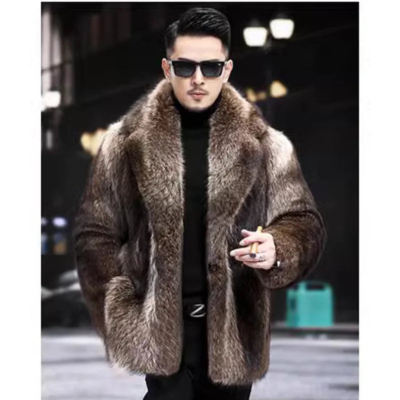 Men's Autumn Winter Thick Faux Fox Fur Parka Coat