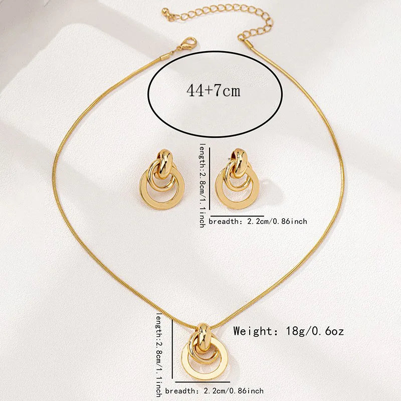 3pcs Elegant Vintage Jewelry Set for Women Metal Geometric Circle Necklace Golden Choker Bridal Wedding Bracelet Party Gift