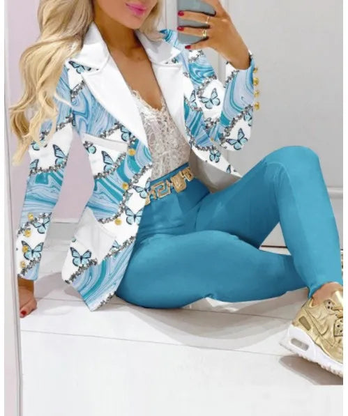 Women's Stripe Print Long Sleeve Suit Coat and Pants Set