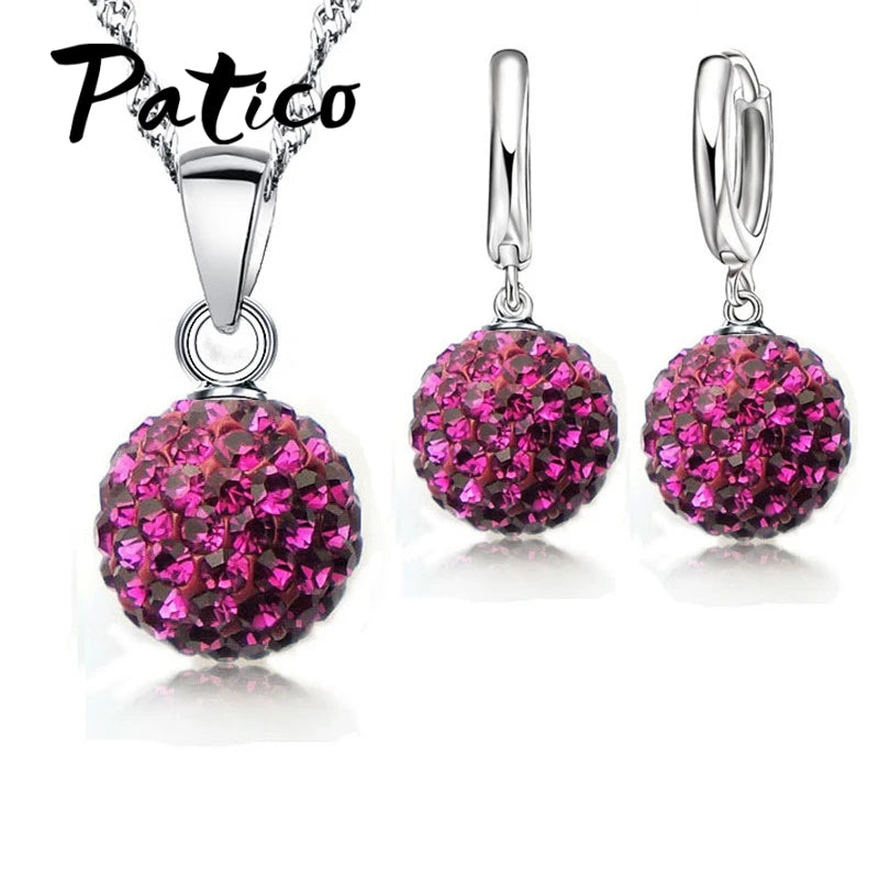 Women's 925 Silver Crystal Disco Ball Necklace Earring Set