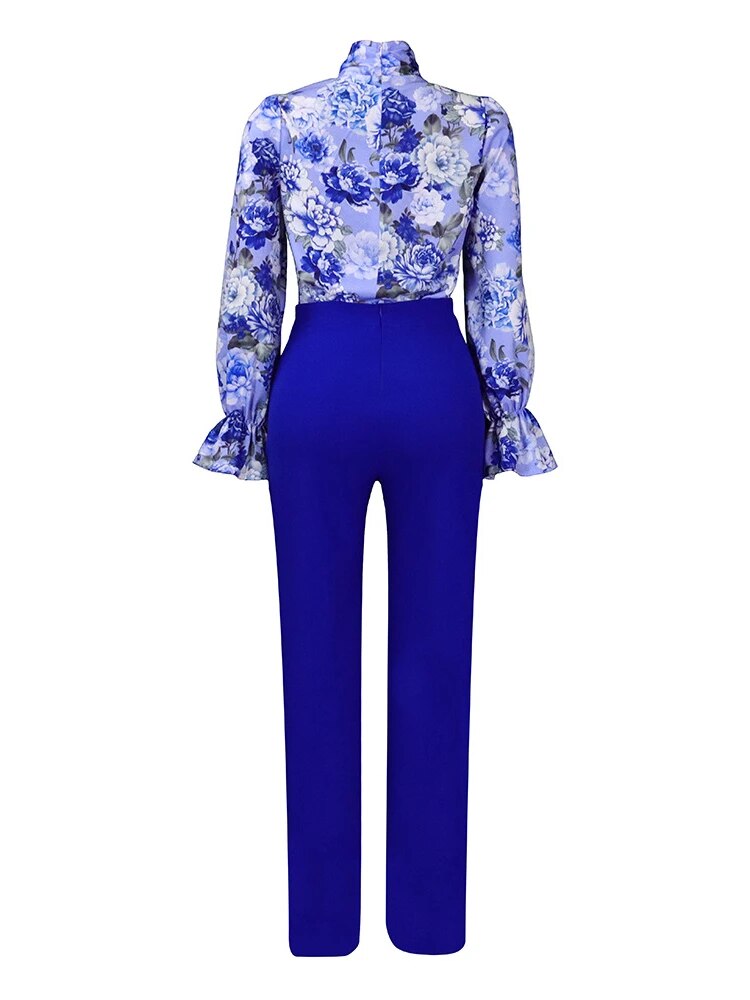 Women's Printed Blouse and High-Waist Pants Office Two-Piece