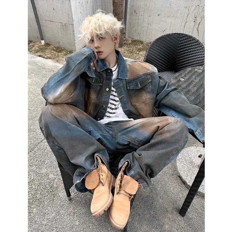 American Style Faded Denim Jacket And Pants Set Men's Trendy Vintage Washed Shoulder Padded Jeans Outerwear for Teens