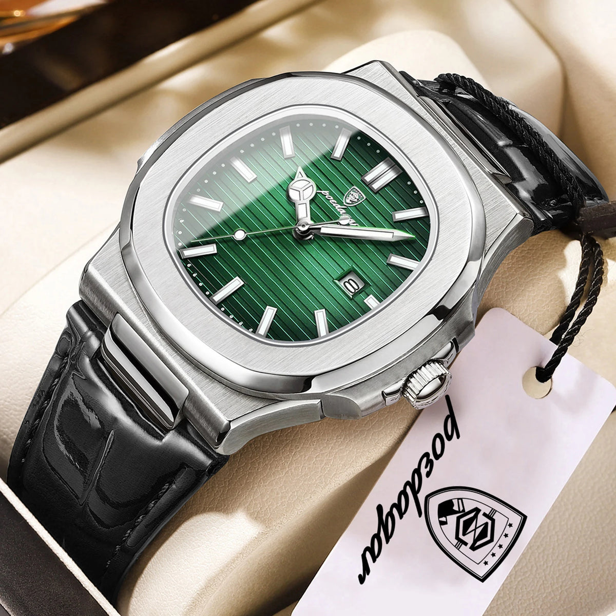 Reloj de hombre POEDAGAR con esfera cuadrada, fecha, resistente al agua, luminiscente y de lujo, reloj de pulsera masculino de alta calidad con correa de cuero, reloj de cuarzo para hombre con caja