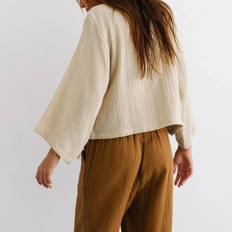 Muslin 100% Cotton Gauze Oversized T-Shirt Sexy V-Neck Women'S Long Sleeve Top Bandage Lace Up Elegant Shrit And Blouse