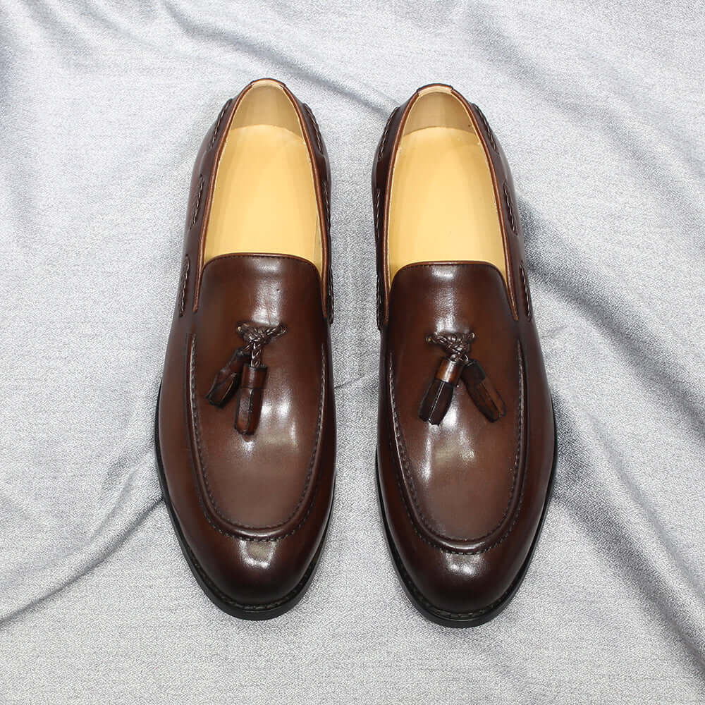 Mocassins pour homme de style italien, à pampilles, en cuir véritable de vache, confortables et faciles à enfiler, chaussures habillées décontractées pour mariage, fête et bureau
