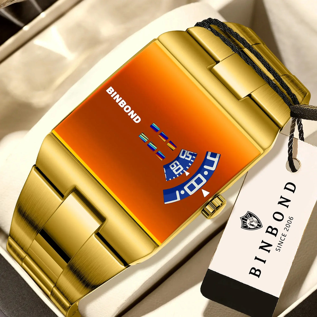 BINBOND Original Design Waterproof Men's Watch Accurate Quartz Watches For Men Luxury Sturdy Sport Wristwatches Casual Reloj with gold band and orange dial.