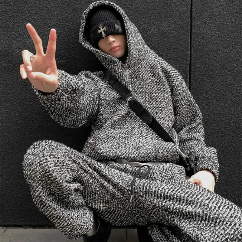 Men's Retro Wool Velvet Hooded Sweatshirt, High-Street Casual Suit Style
