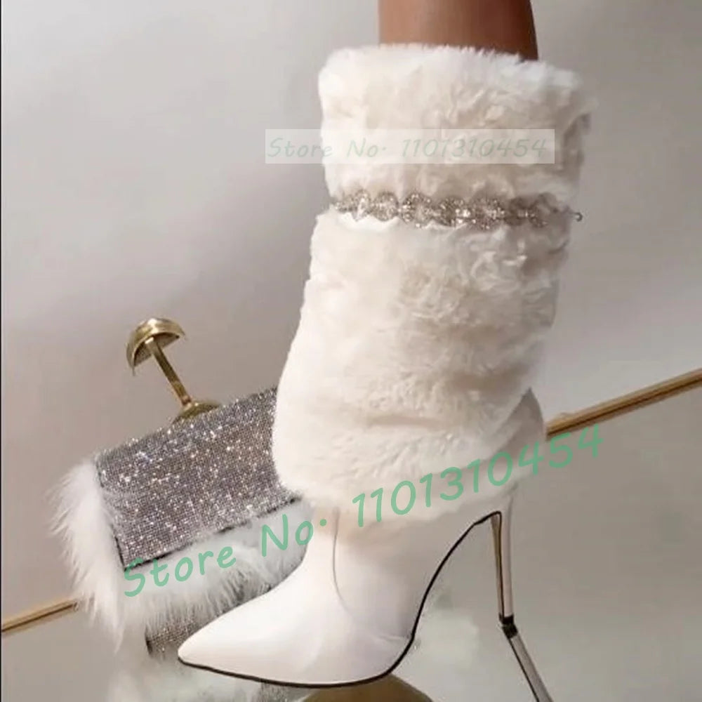 Women's White Furry Mid-Calf Crystal-Chain Pointed-Toe Heeled Boots