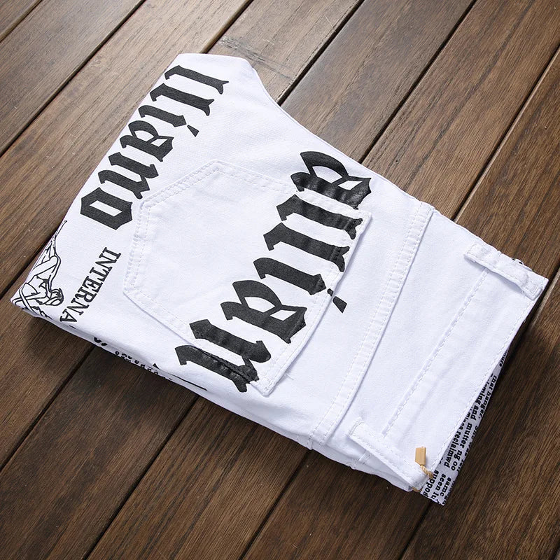 2023 New Fashion Men's Jeans Casual Hip Hop Street Style Men Denim Pants Brand Slim Tide Printing Clothing Male Trousers White