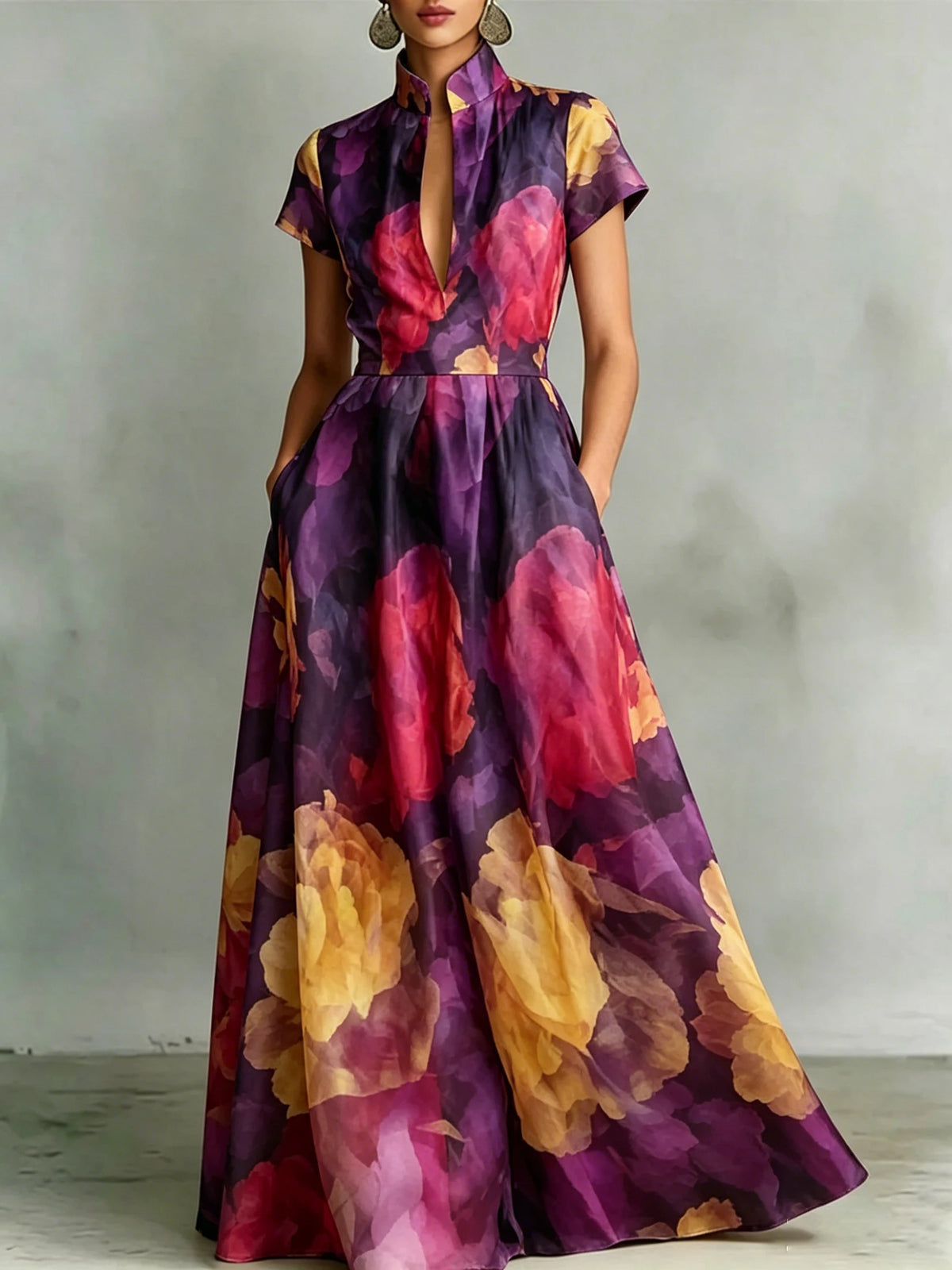 Vintage Women Floral Print Maxi Dress Stand Collar Short Sleeve High Waist A Line Elegant Evening Party Long Dresses Vestidos