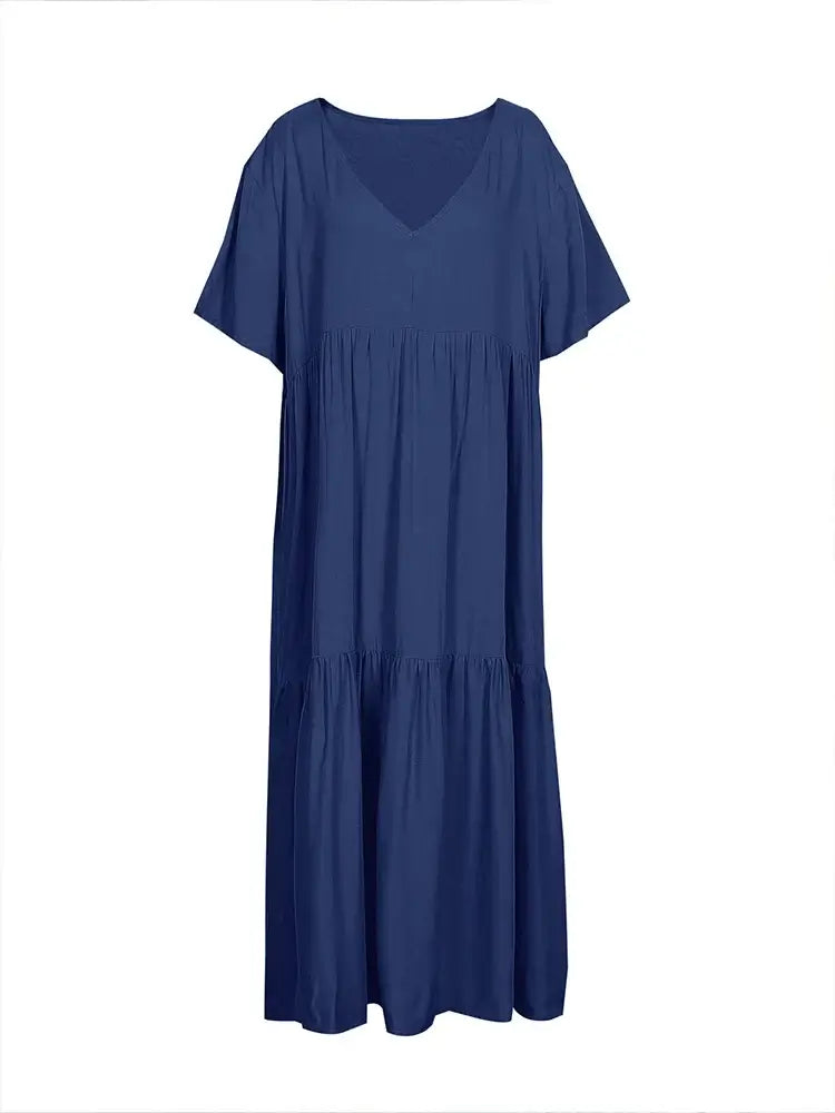 Women's Plus Size Loose V-Neck Pleated Long Dress