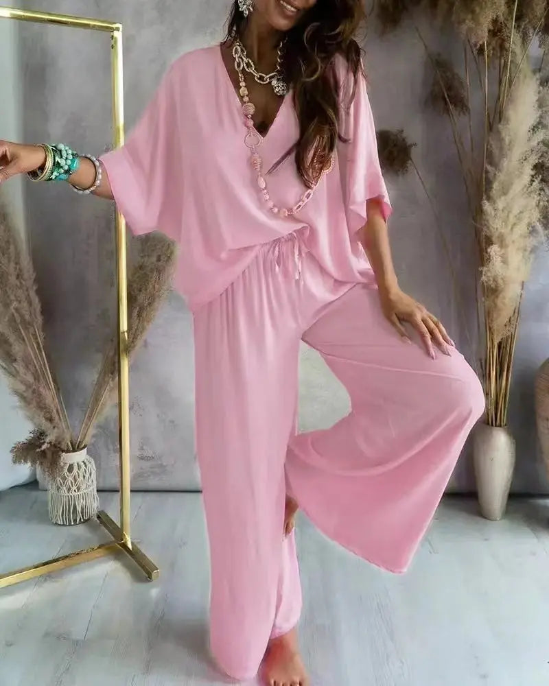 Women's V-Neck Bat-Sleeve Top and Lace-Up Wide-Leg Pants Set