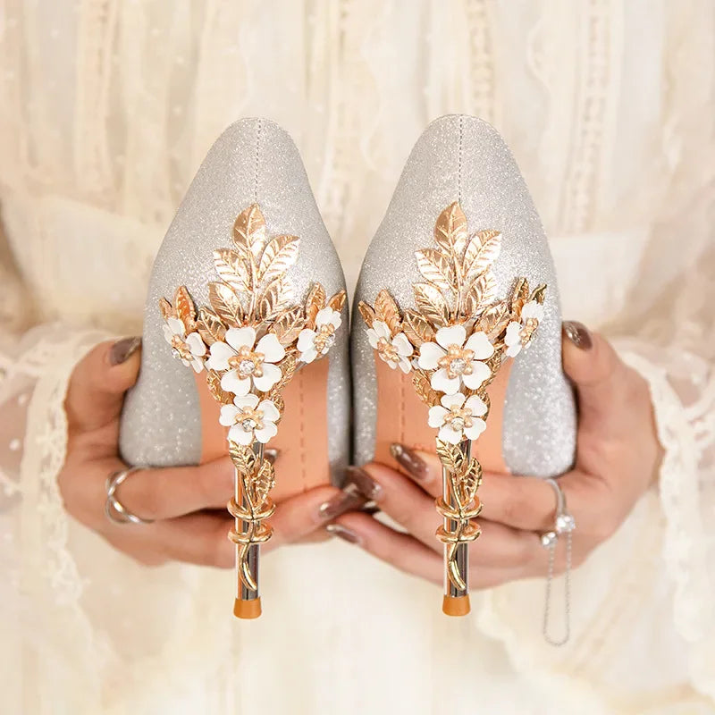 Women's Metal Flower Pointed High Heel Banquet Heels
