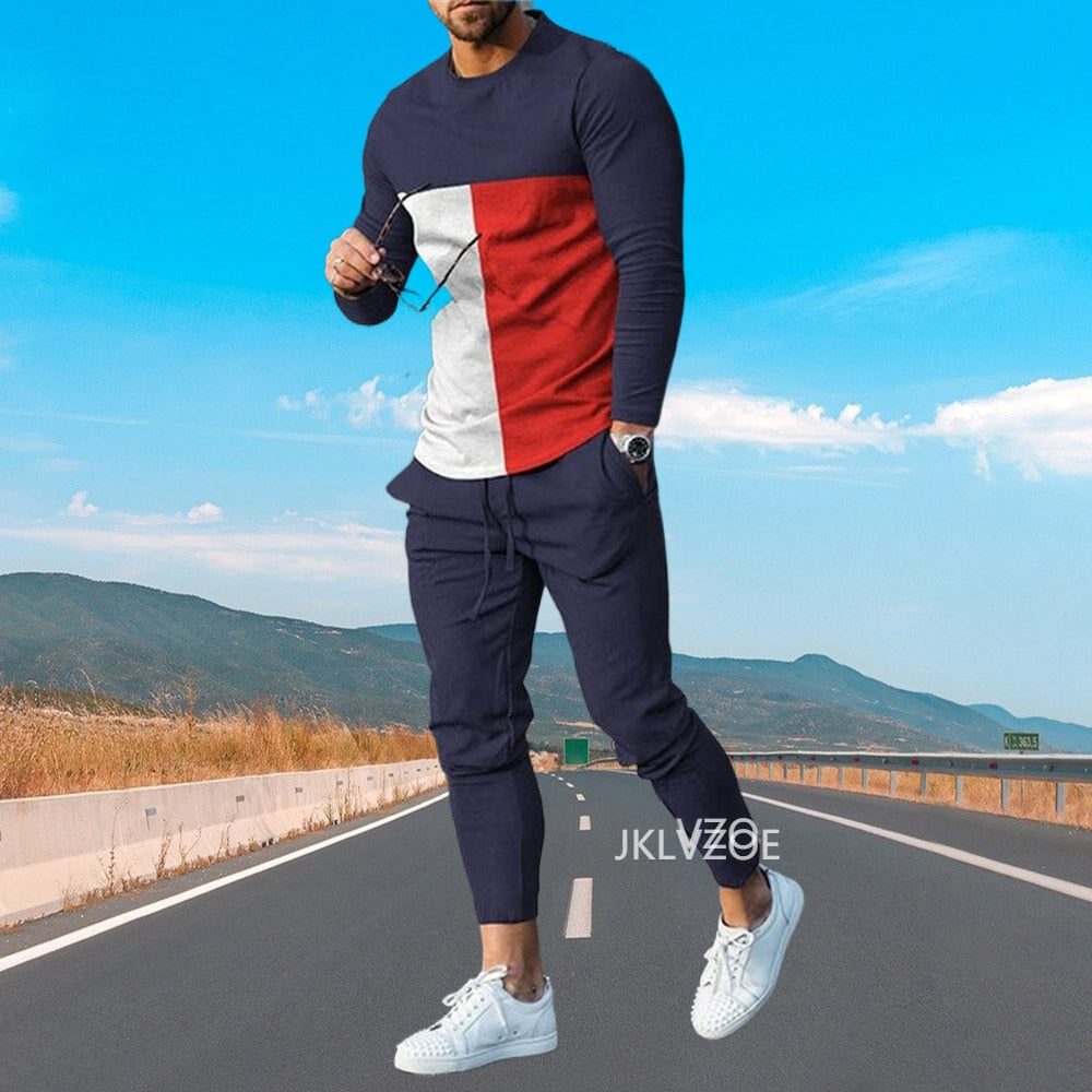 2023 Autumn Men Clothing Fashion Long Sleeved T Shirt+Trousers Casual Tracksuit 2 Piece Suit 3D Printed Stripe Male Streetwear