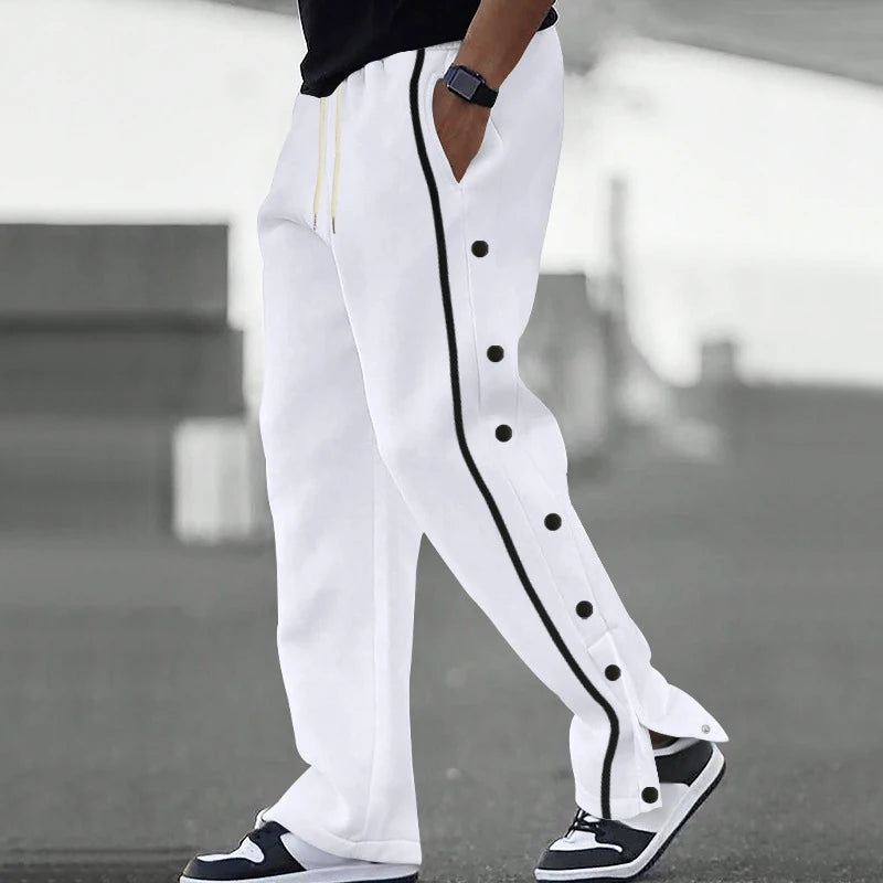Men's Loose Solid Patchwork Side Button Straight Trousers