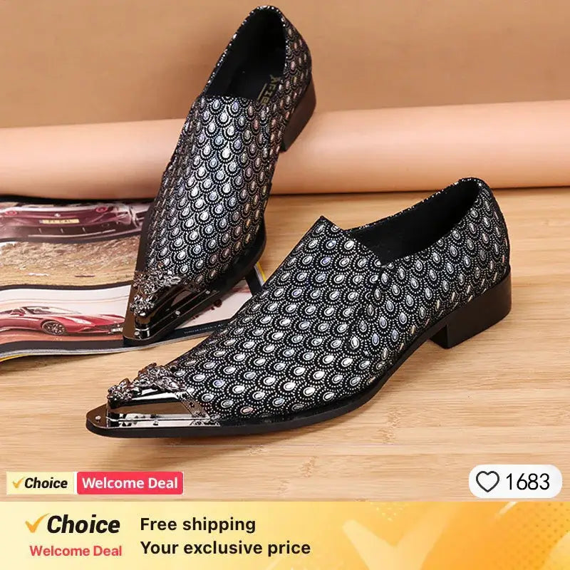 2025 Western Fashion Spitz zulaufende Metallkappe Abendschuhe Blau Grau Party Hochzeit Lederschuhe für Herren