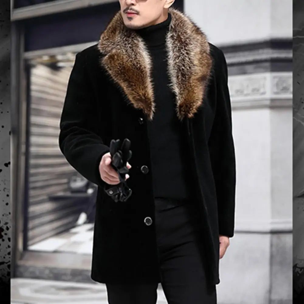 Men's Faux Fur Collar Thick Woolen Single-Breasted Coat
