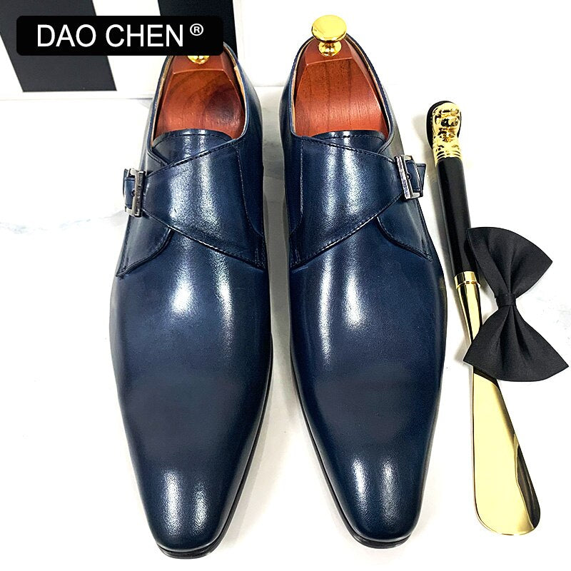 DAOCHEN MEN LEATHER SHOES BLACK BLUE MONK STRAP LOAFERS SLIP ON LUXURY BRAND CASUAL MENS DRESS SHOES WEDDING OFFICE MEN'S SHOES
