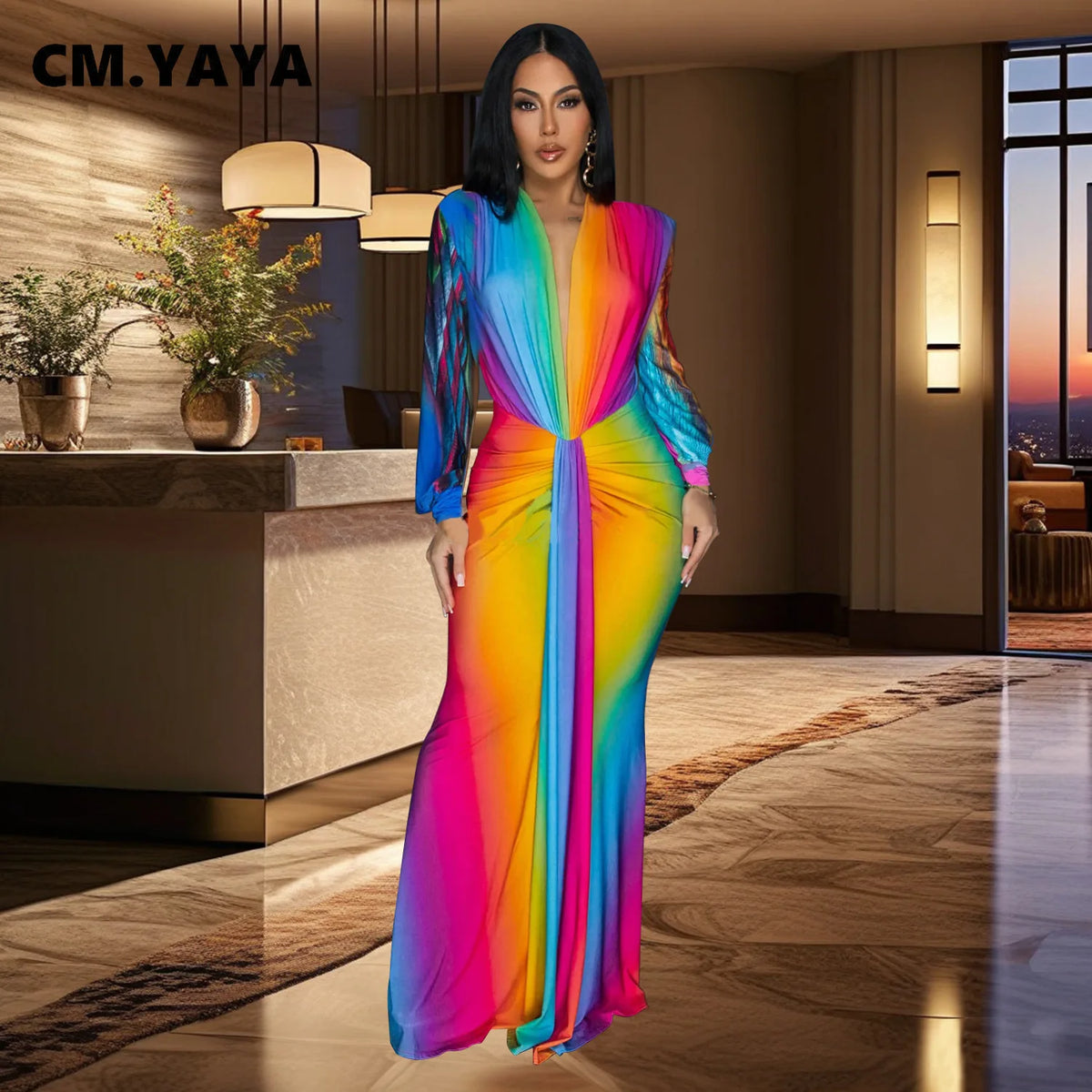 Women's Full Sleeve V-Neck Ruched Gradient Maxi Dress