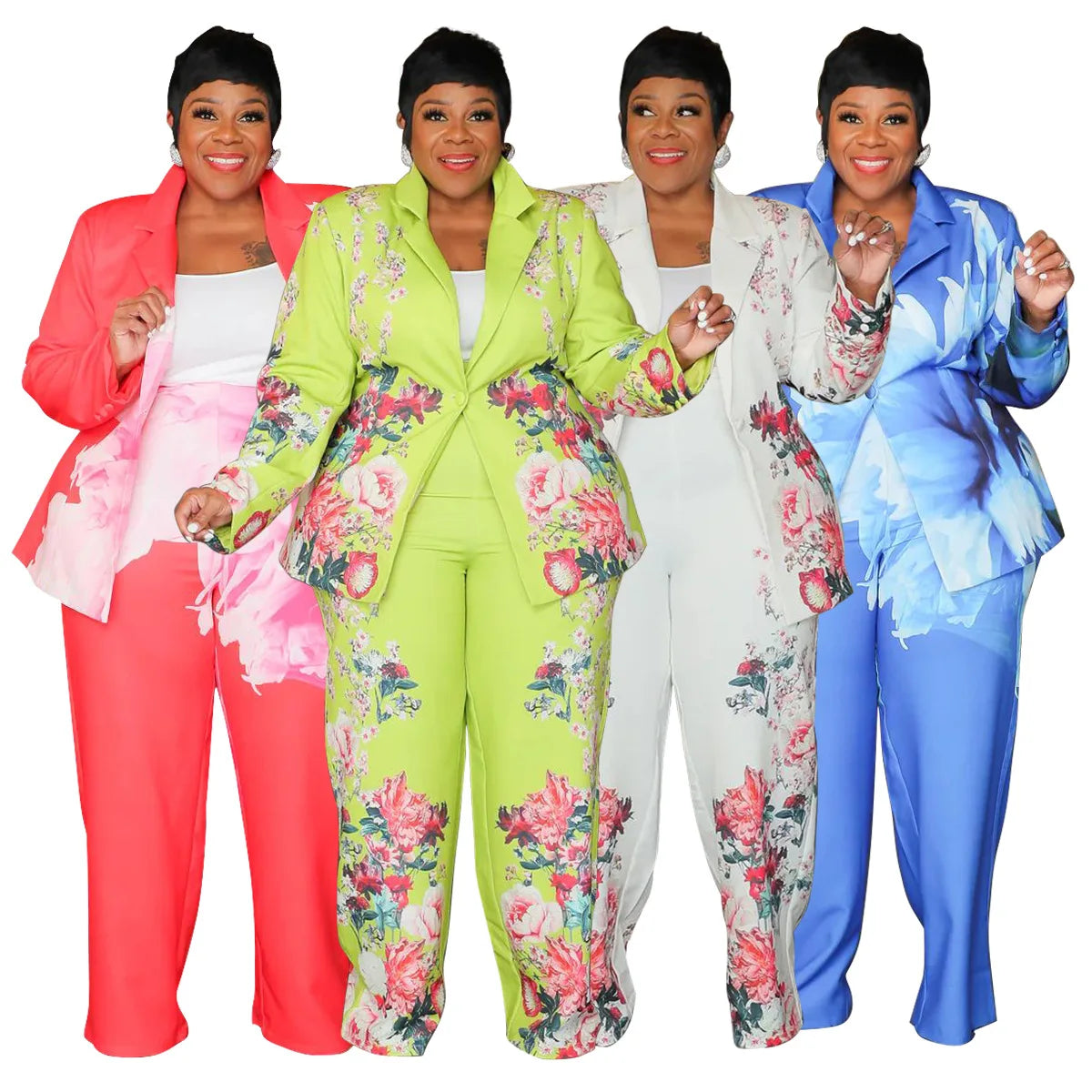 Women's Plus Floral Print Blazer and Wide-Leg Pants Set