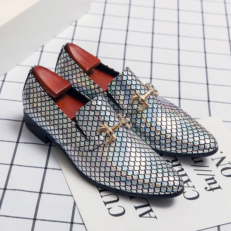Men's Golden Pointed Genuine Leather Wedding Dress Shoes
