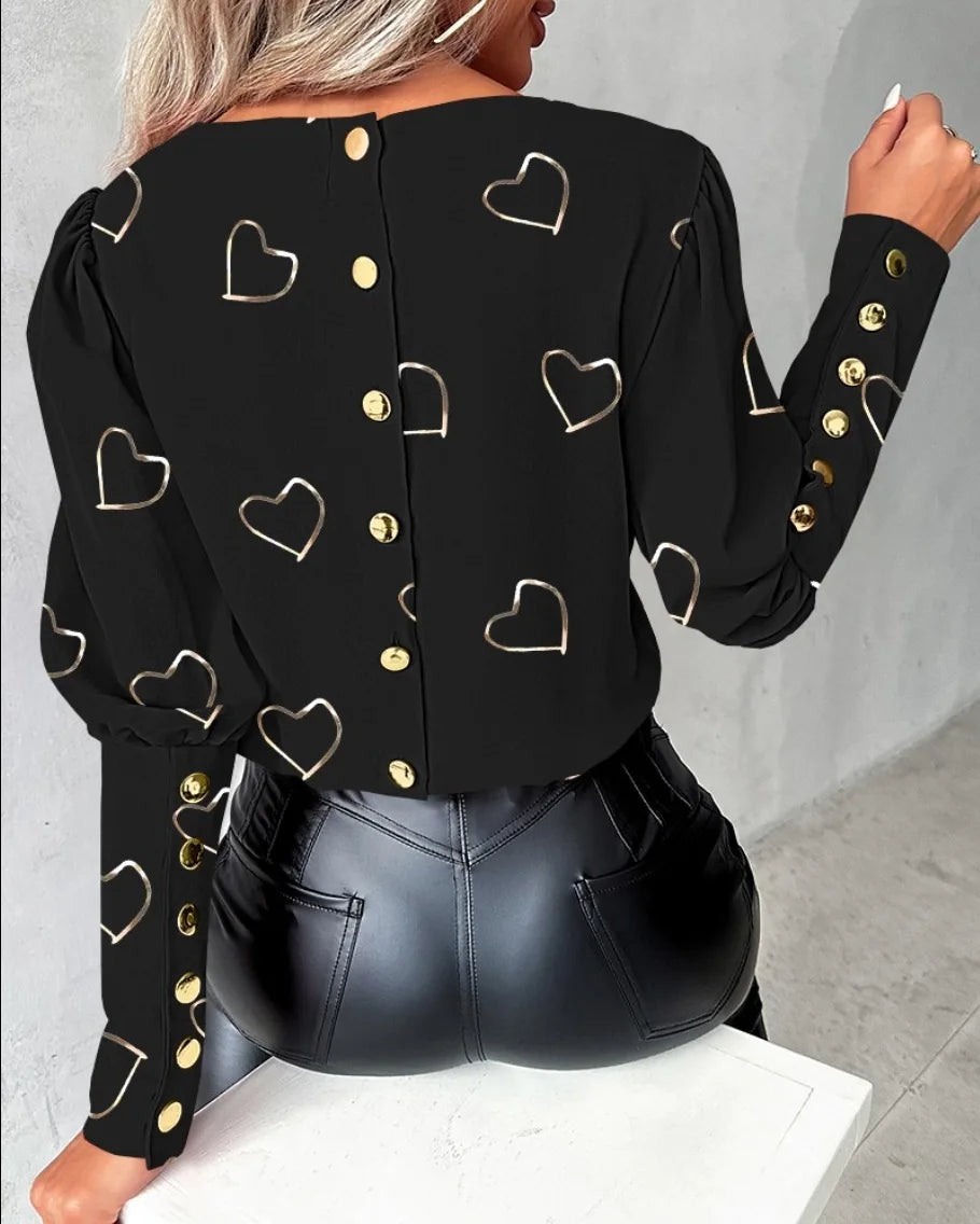 Women's Long Sleeve Button Printed Blouse Pullover Top