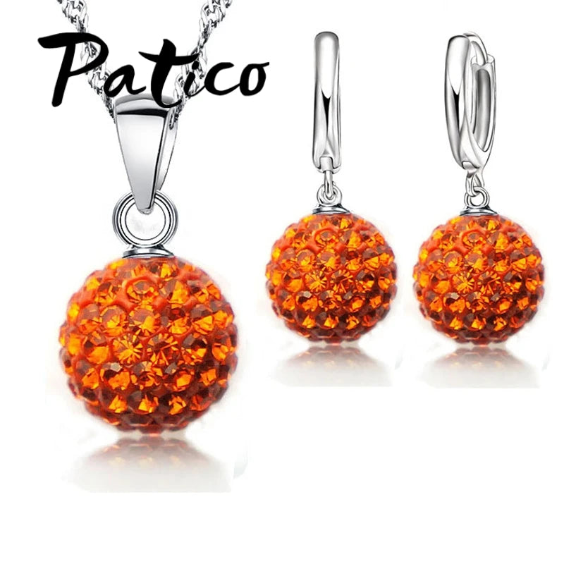 Women's 925 Silver Crystal Disco Ball Necklace Earring Set