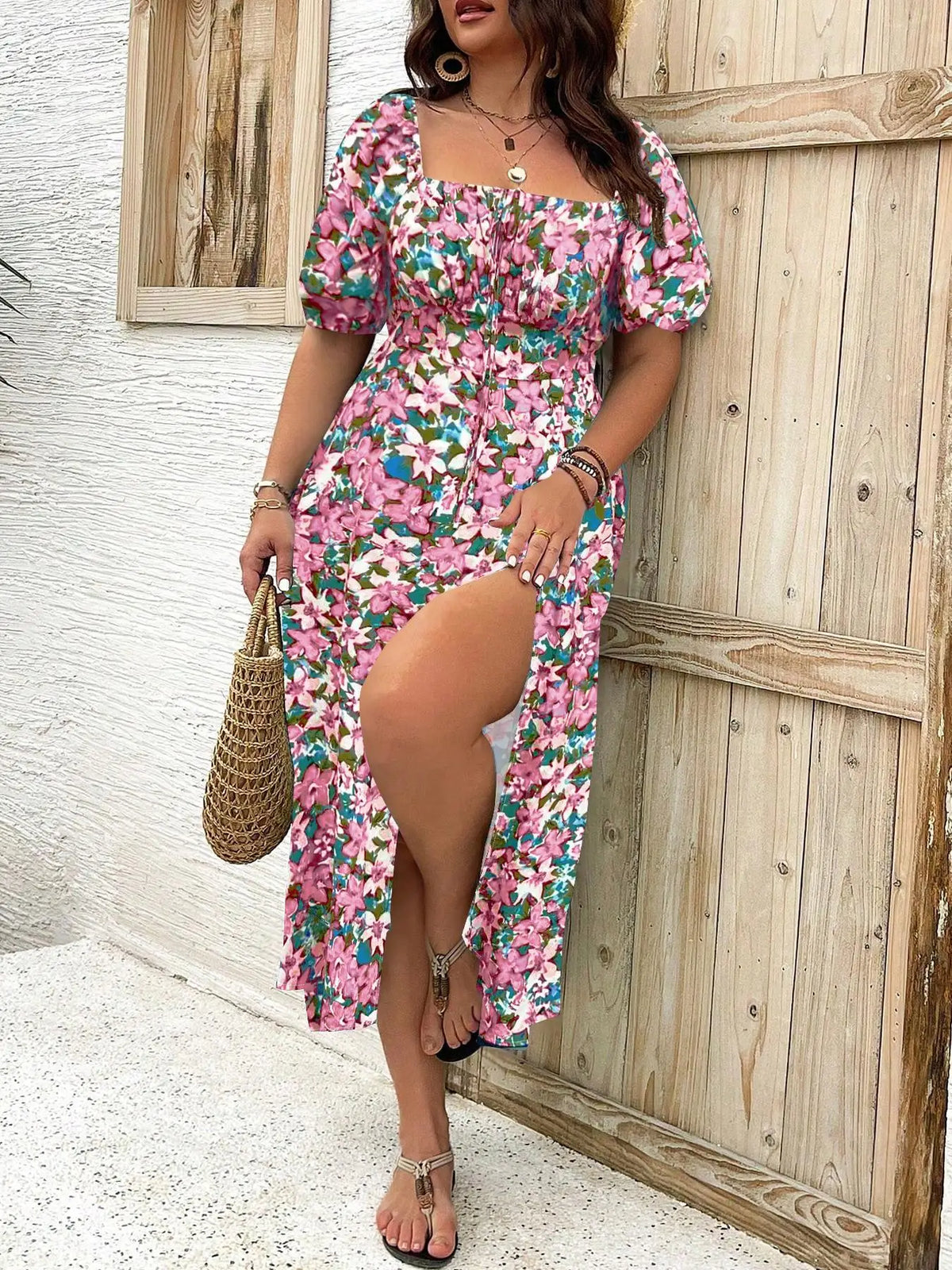 【Große Größen】Blumenmuster quadratischer Ausschnitt Kleid, lässiges Mode-Langarmkleid für den täglichen Gebrauch im Freien, Damen Plus-Size-Kleidung fo